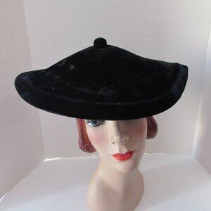 Mid Century Black Velvet Saucer Hat